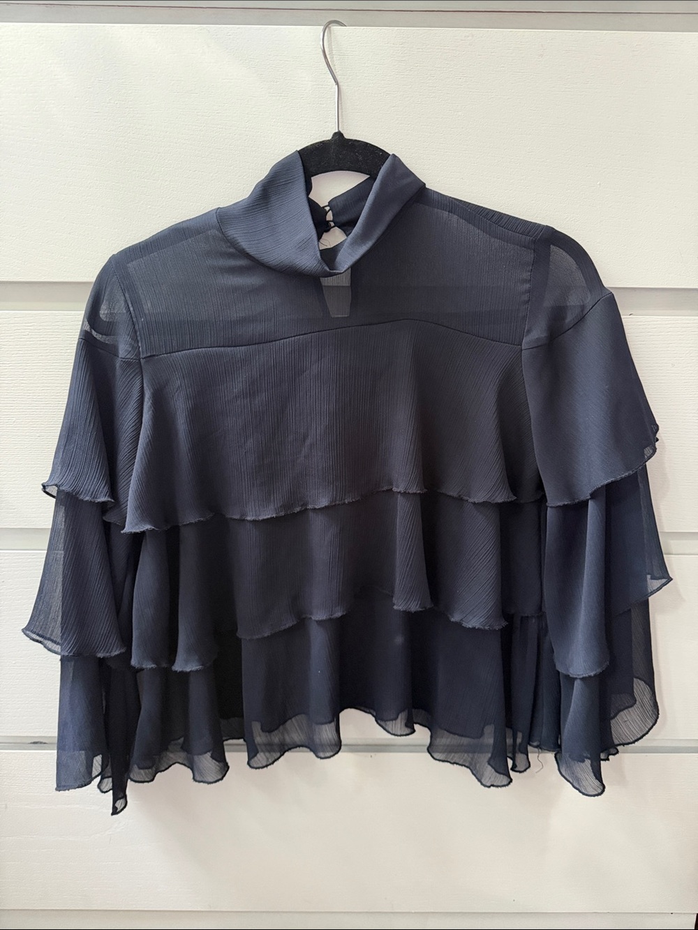 Zara Navy Tiered Ruffle Chiffon Blouse